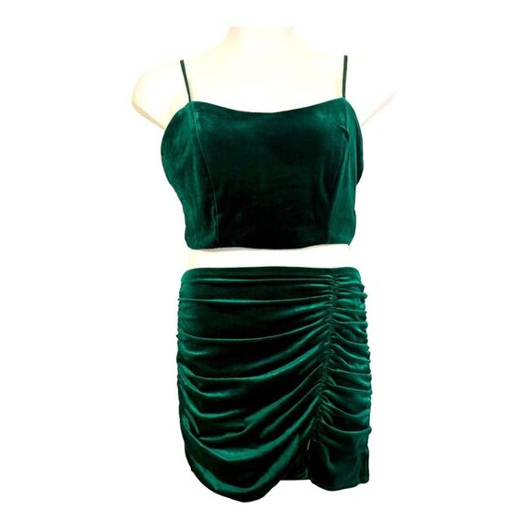 Stretch Velvet Honey & Rosie Emerald Green 2-Piece Cocktail Dress Rave Skirt Set - Picture 3 of 16
